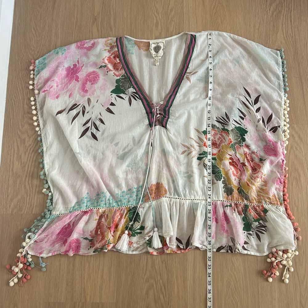 Z&L Europe Floral Print Airy 100% Cotton Pom-Pom Caftan Swim Cover Up OS - Picture 8 of 12
